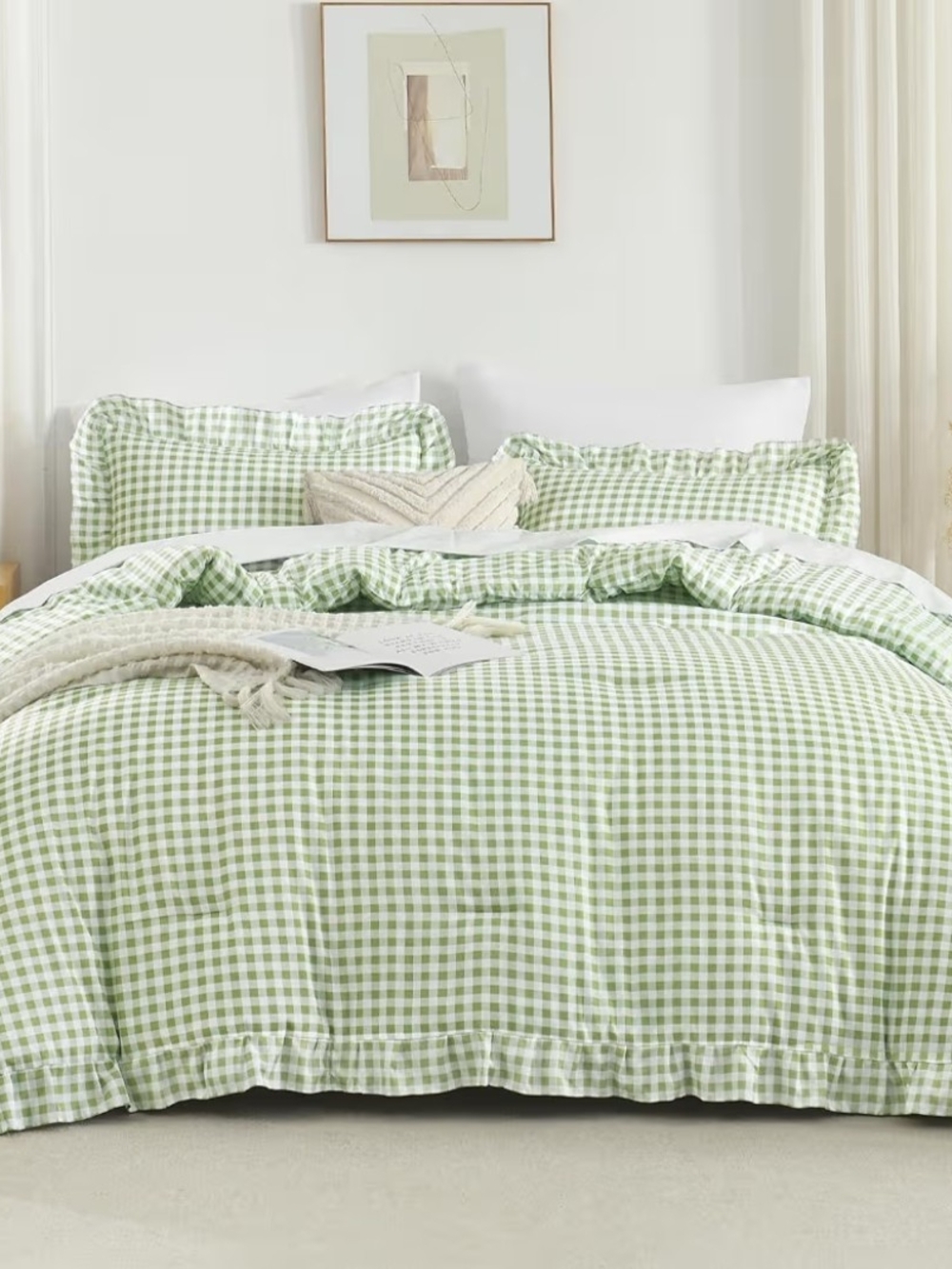 Classic Sage Green Gingham Comforter Set Cal. King NIB - Picture 2 of 5